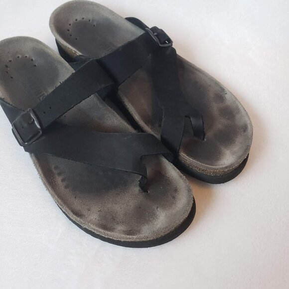 MEPHISTO Helen Sandal 41 Nubuck Leather Strap Black Gray Cork Sole Thong - Picture 2 of 10